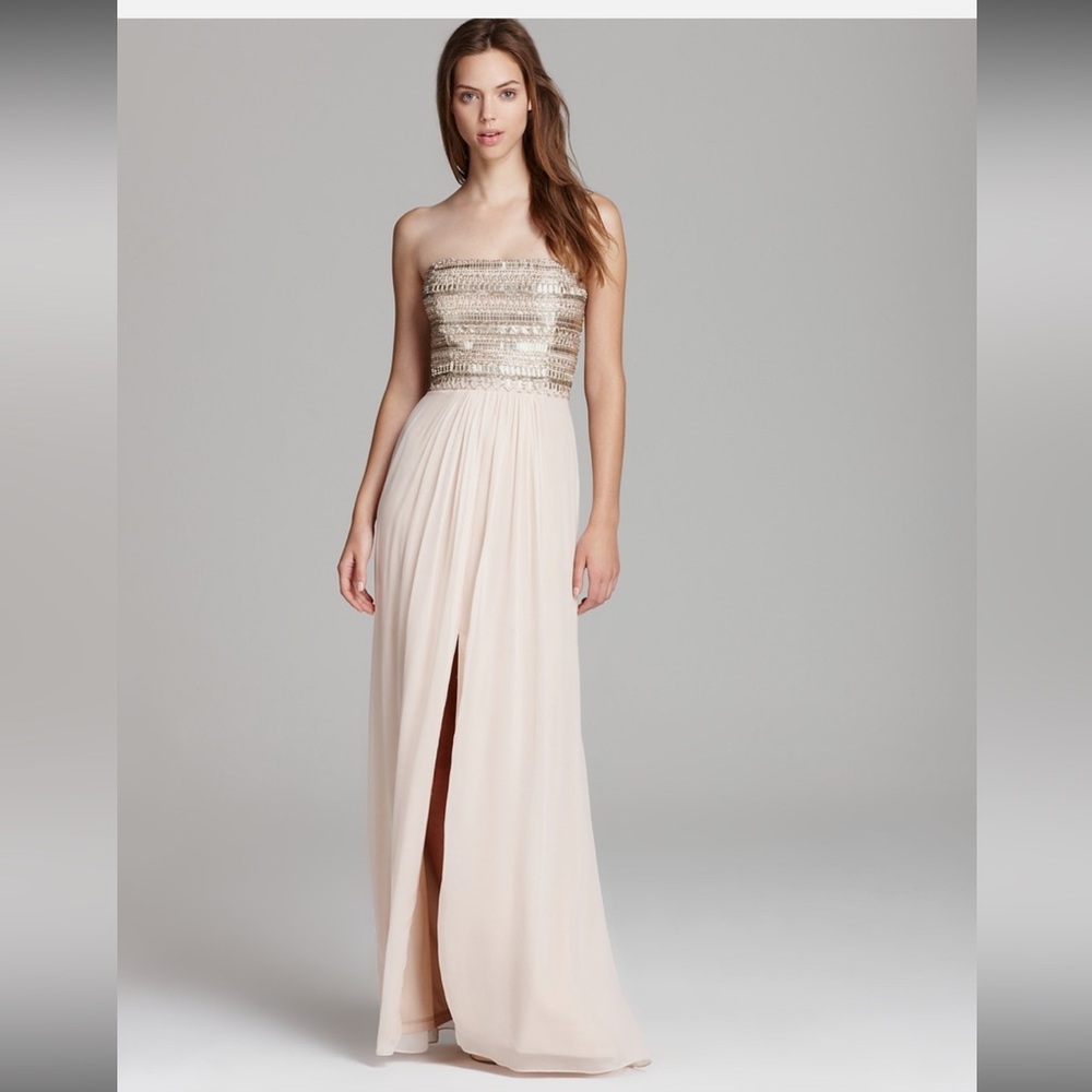 NEW Aidan Mattox Embellished Beaded Bodice Strapless Gown‎ Blush Maxi Dress
